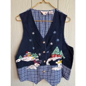 Vintage 90s Snow Scene Winter Vest Size L Embroidered Corduroy & Plaid Patchwork